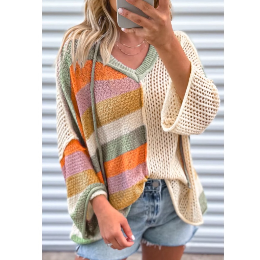Crochet Oversized Hooded V neck Sweater